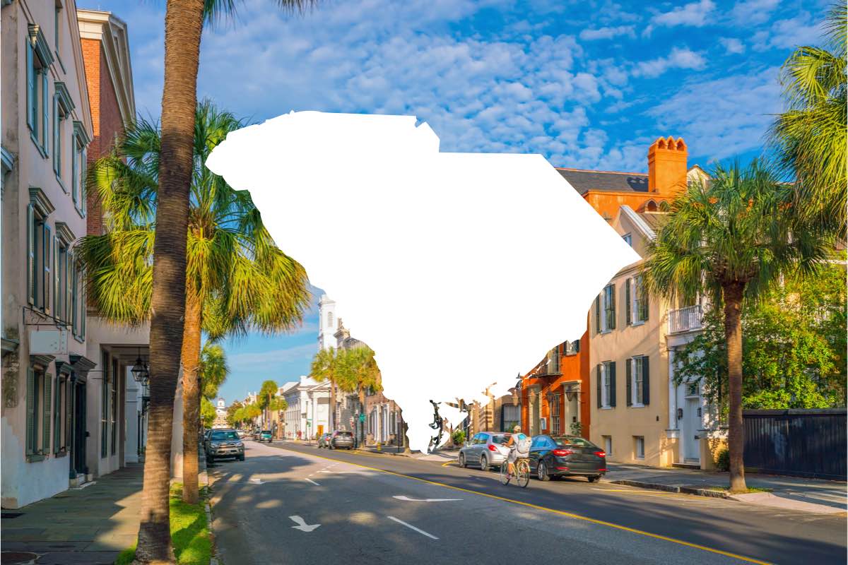 White graphic of state of South Carolina overlaid on Charleston street view