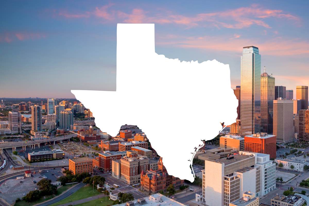 White graphic of state of Texas overlaid on Dallas city view